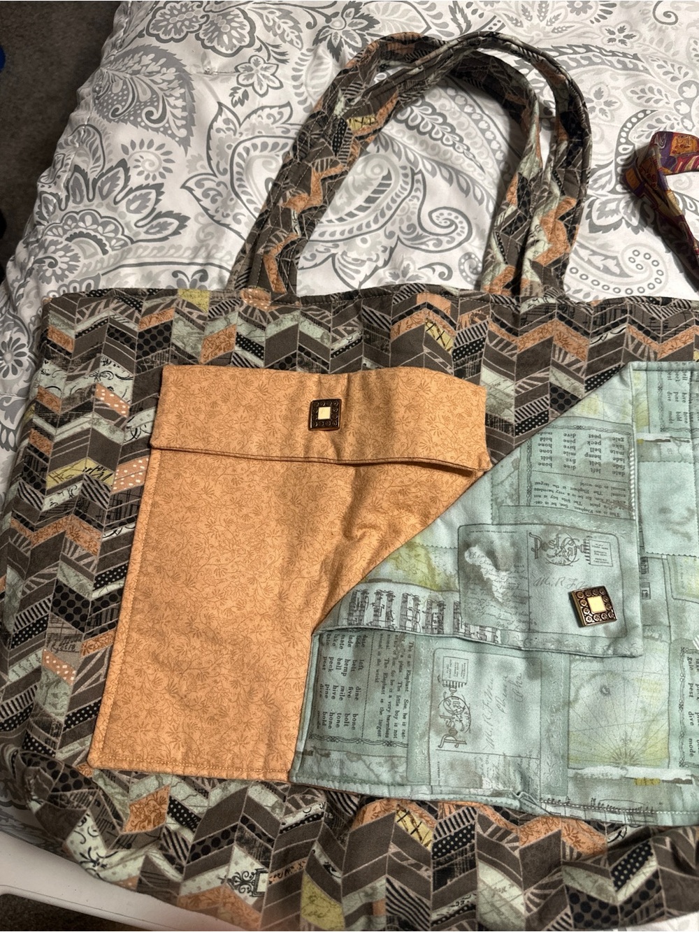 Quilted Patchwork Tote in Brown and Mint